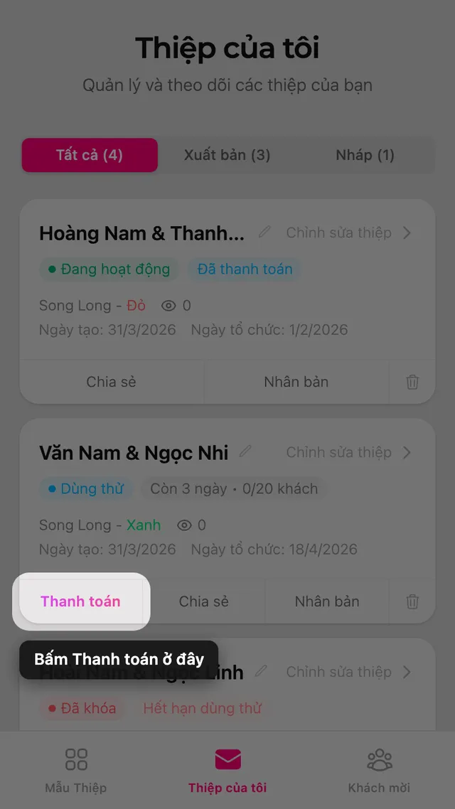 Nút Thanh toán trên thẻ thiệp ở trang Thiệp của tôi