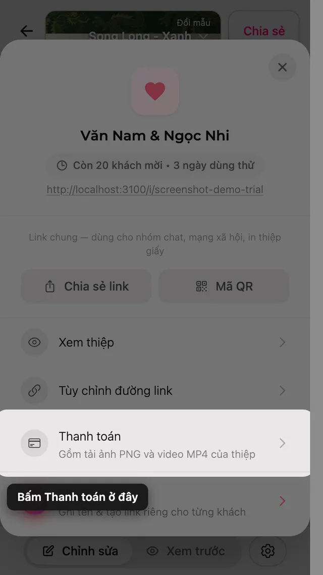 Tùy chọn thanh toán trong bảng Chia sẻ