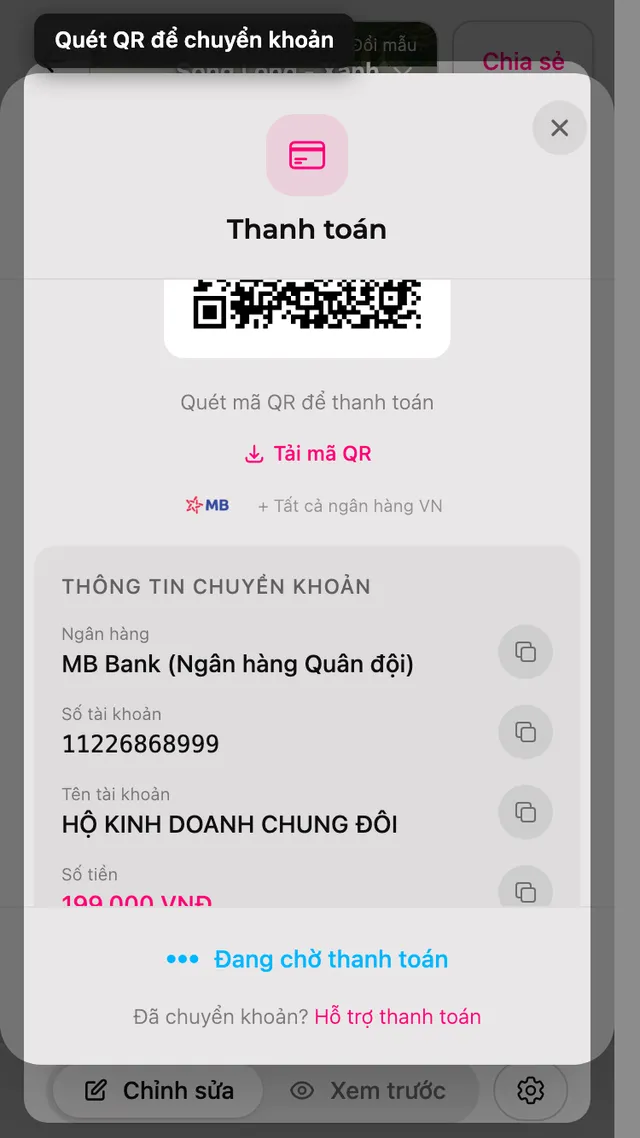 Mã QR chuyển khoản trên màn hình thanh toán