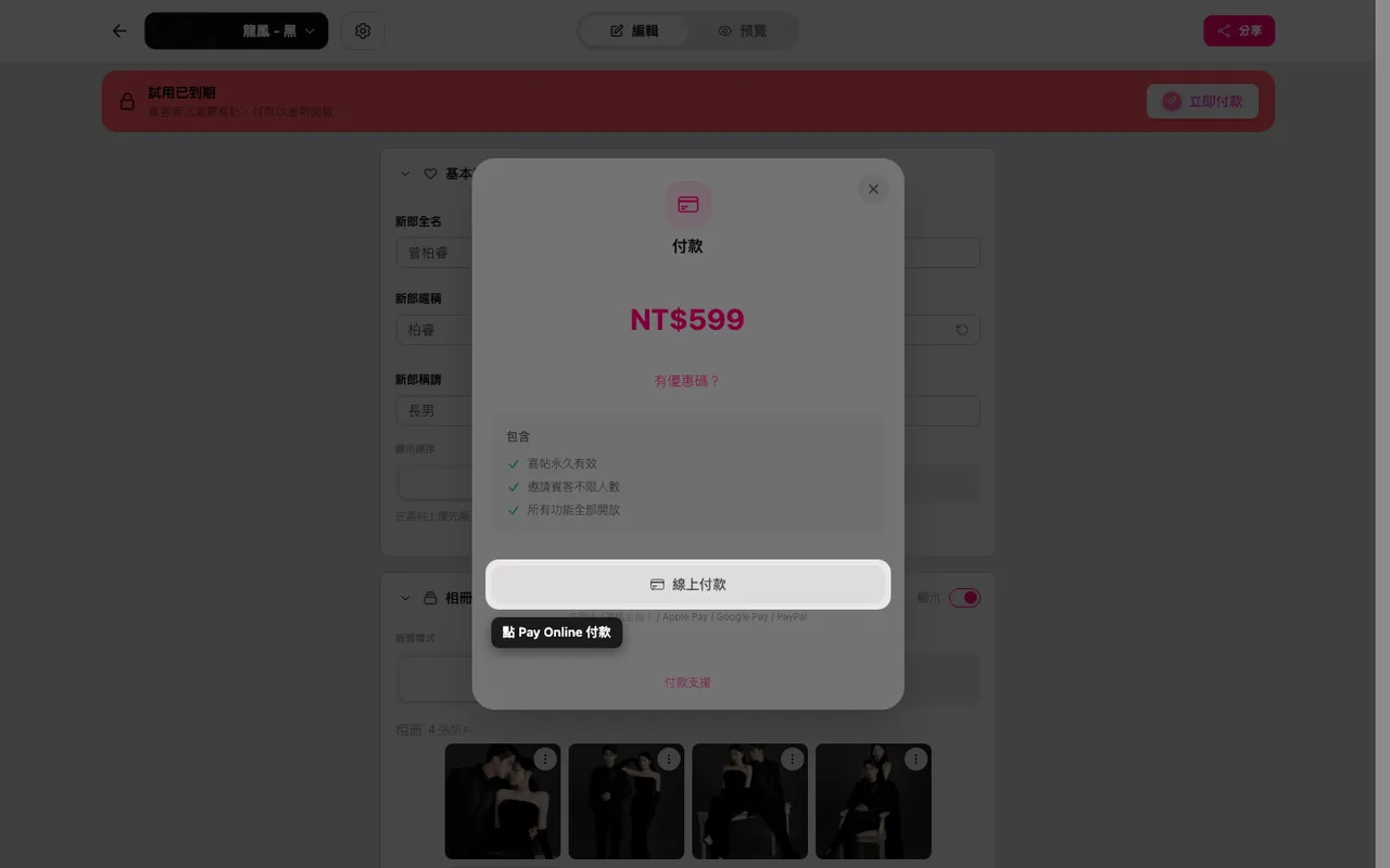付款畫面上的線上付款按鈕