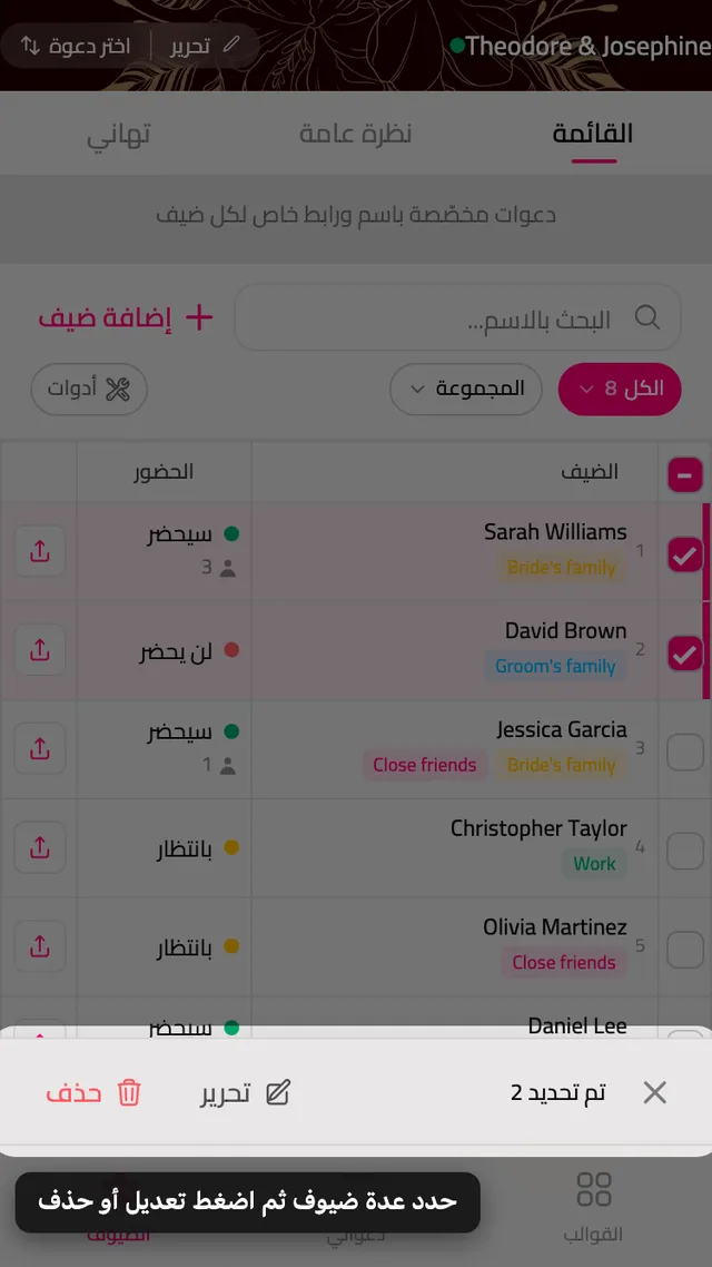 صفان من المدعوين محددان، مع شريط التعديل والحذف في الأسفل