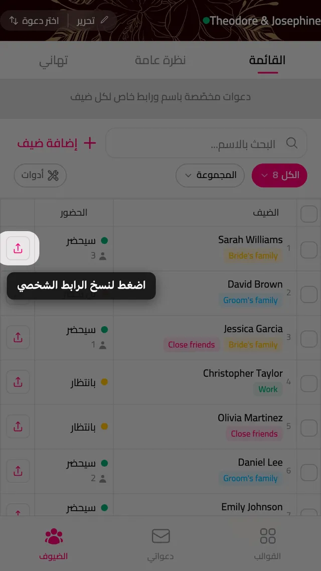 زر النسخ في آخر صف المدعو