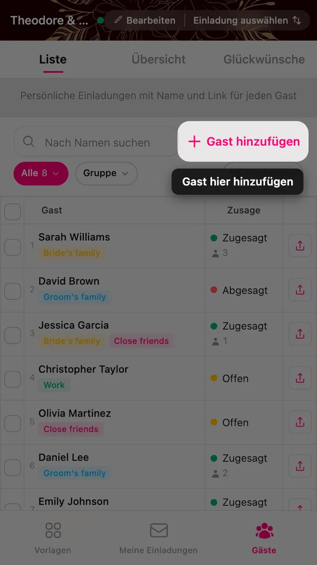 Die Schaltfläche Gast hinzufügen oben in der Gästeliste