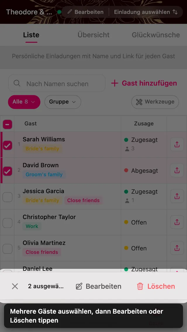 Zwei angehakte Gastzeilen, mit der Leiste zum Bearbeiten und Löschen unten