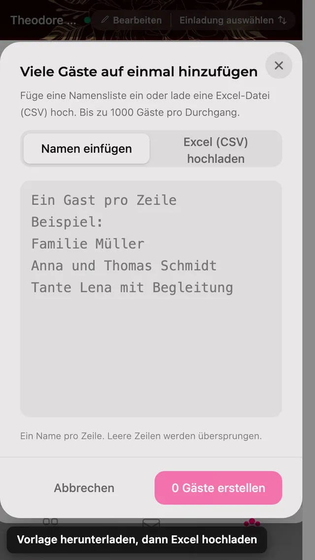 Der Bereich für den Massenimport, mit einem Tab zum Einfügen und einem zum Hochladen