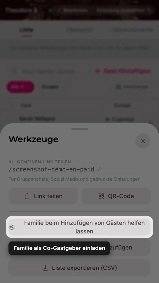 Die Schaltfläche Familie um Hilfe bitten im Werkzeuge-Bereich