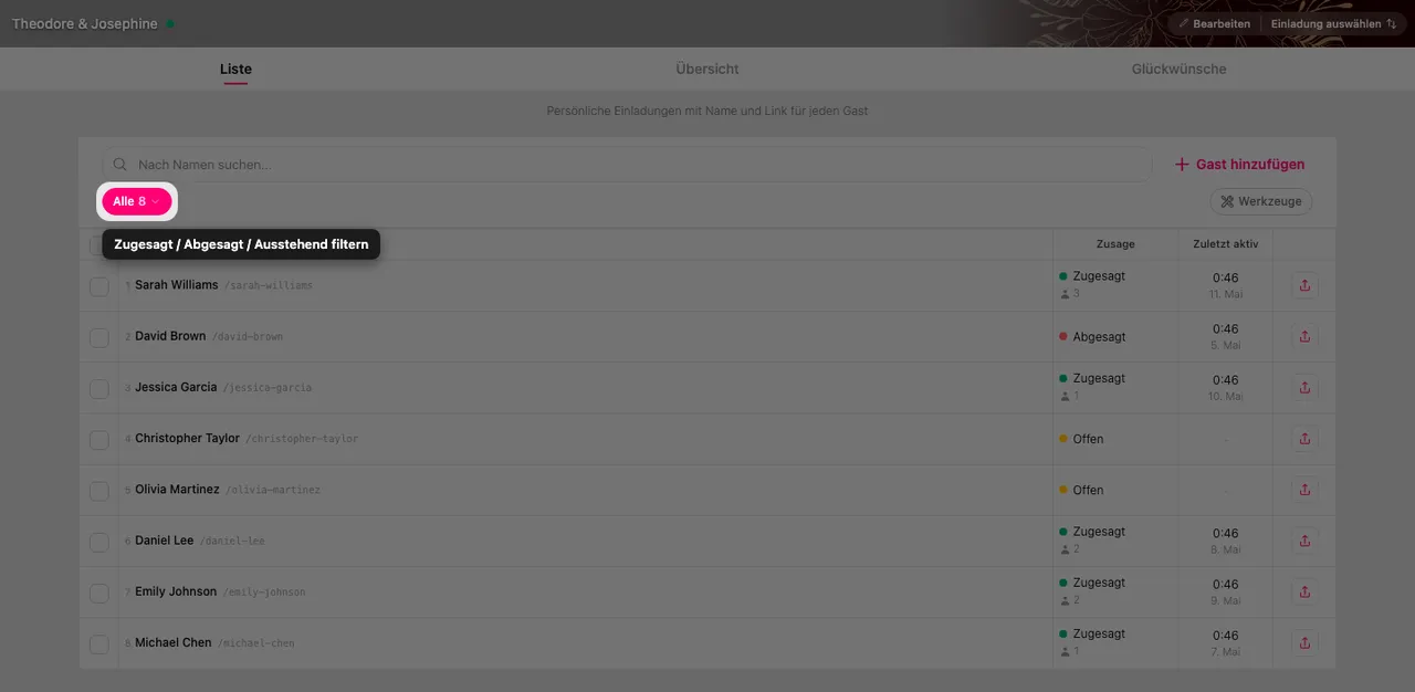 Der RSVP-Filter-Chip über der Gästeliste