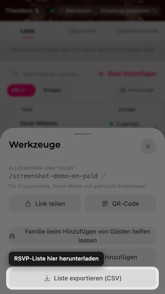 Die Schaltfläche Liste exportieren im Werkzeuge-Bereich