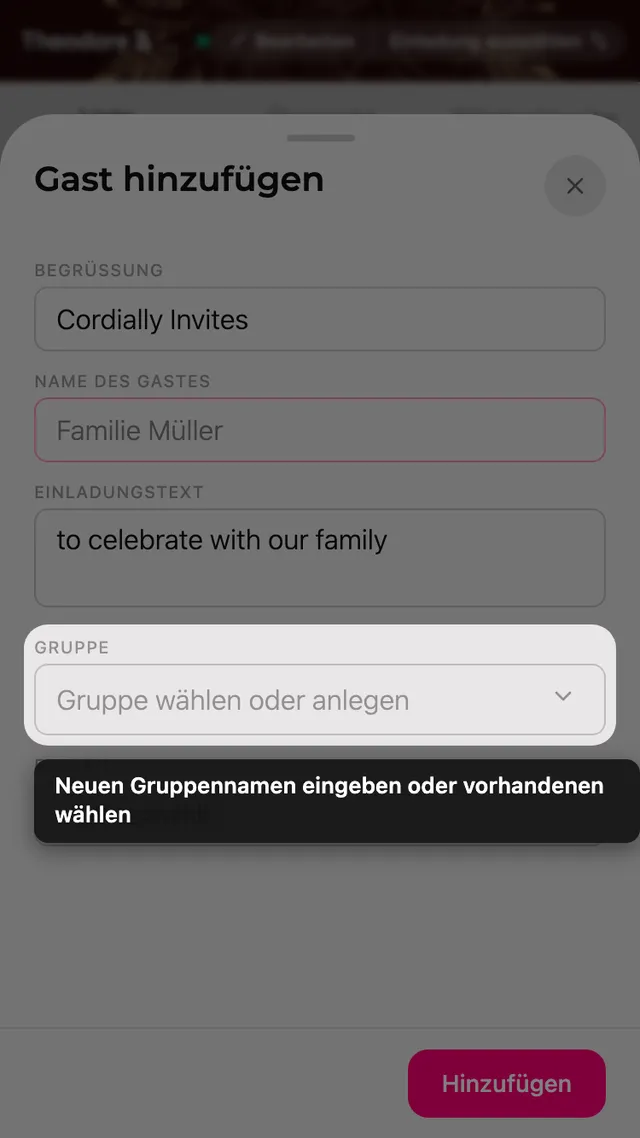 Das Feld Gruppe im Gastformular, mit Auswahl vorhandener und neuer Gruppen
