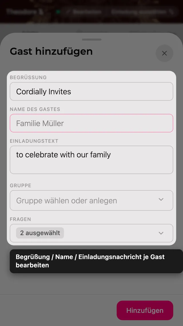 Das Gastformular mit Anredezeile, Name, Nachricht, Gruppe und Fragen