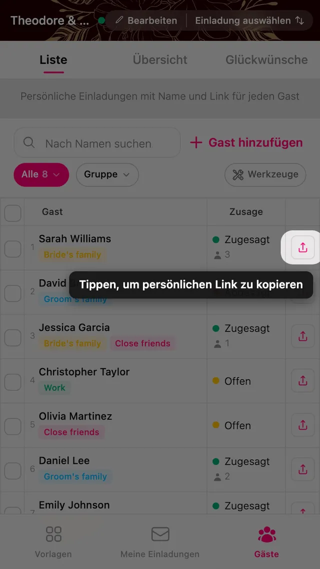 Die Kopieren-Schaltfläche am Ende einer Gastzeile