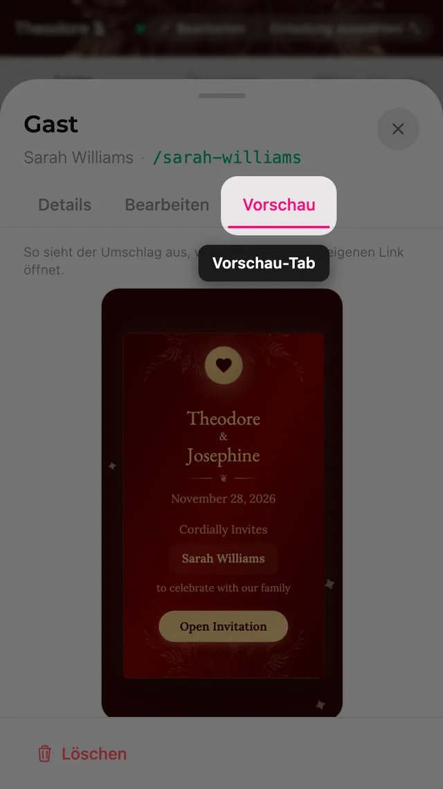 Der Vorschau-Tab eines Gastblatts, mit dem Umschlag auf den Namen des Gastes