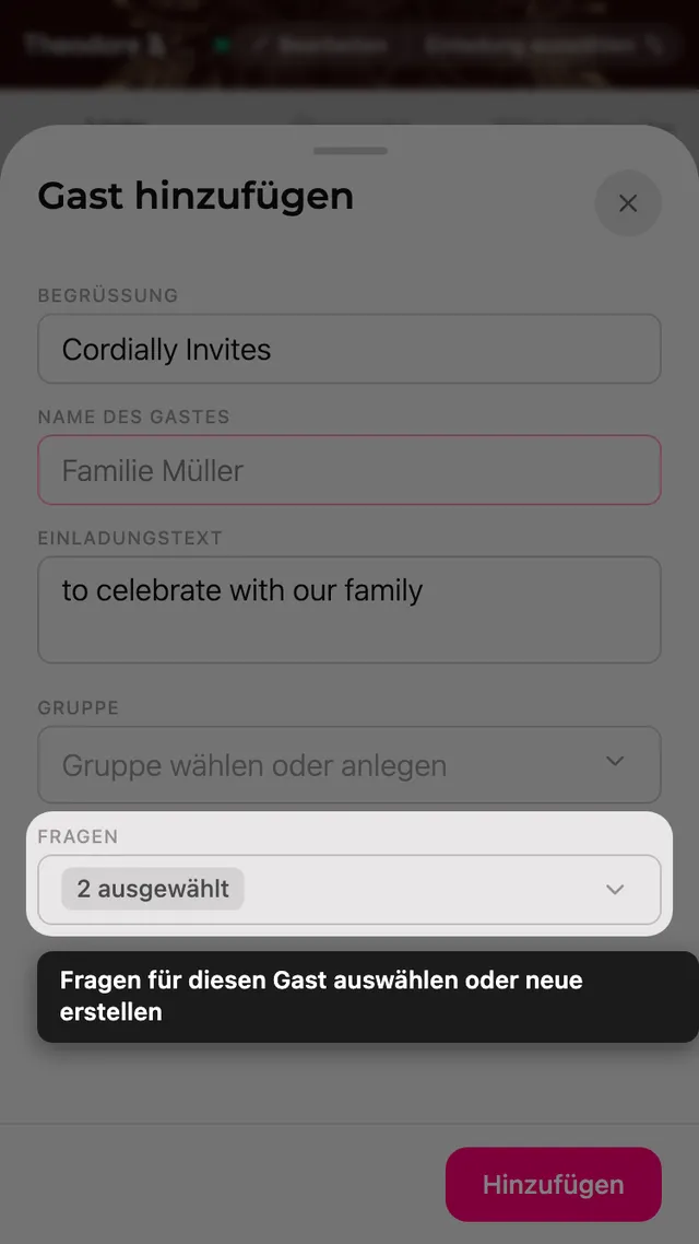 Das Feld Fragen im Gastformular, mit Auswahl der RSVP-Fragen