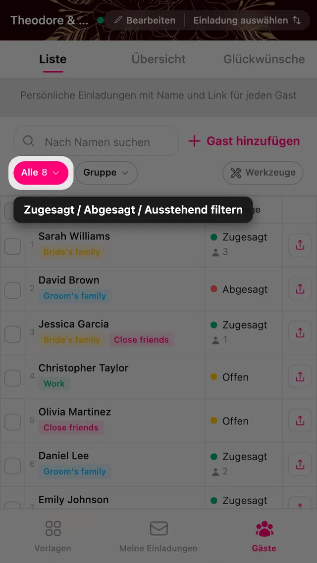 Der RSVP-Filter-Chip über der Gästeliste