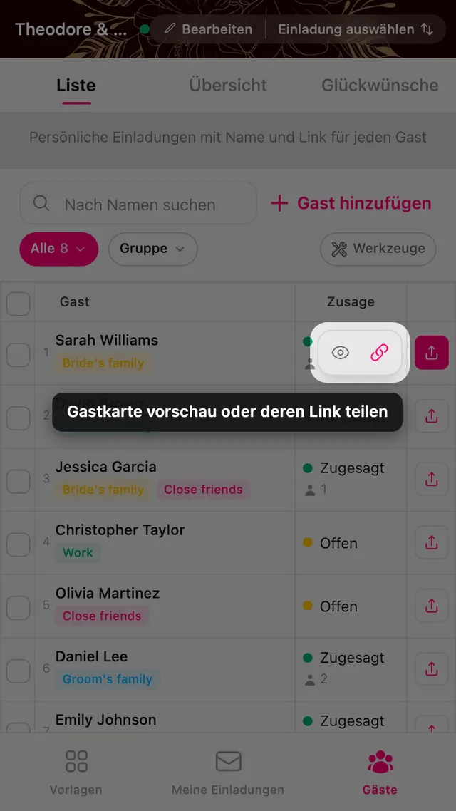 Vorschau und Teilen in einer Gastzeile