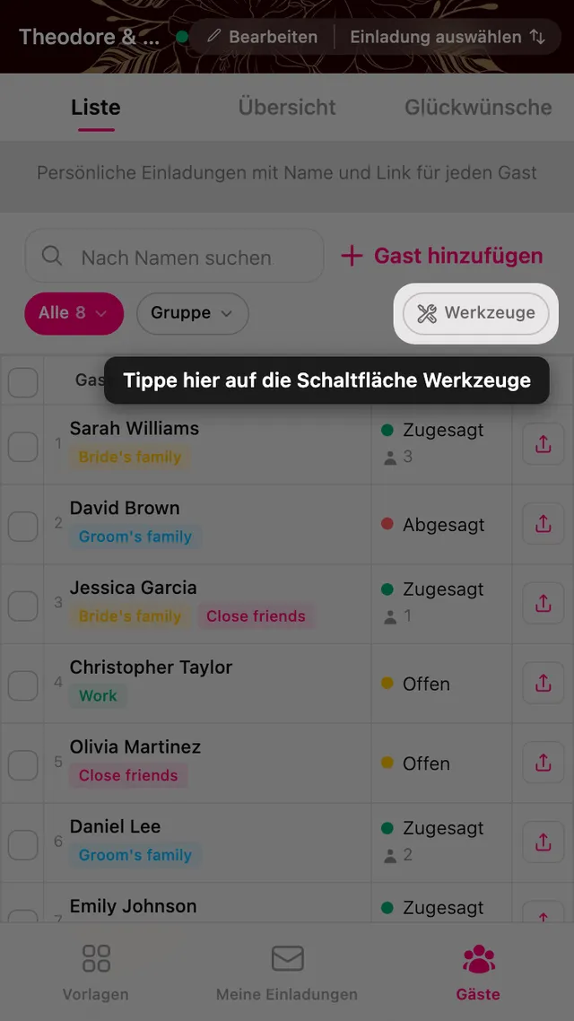 Die Schaltflaeche Werkzeuge am Ende der Filterzeile in der Gaesteverwaltung