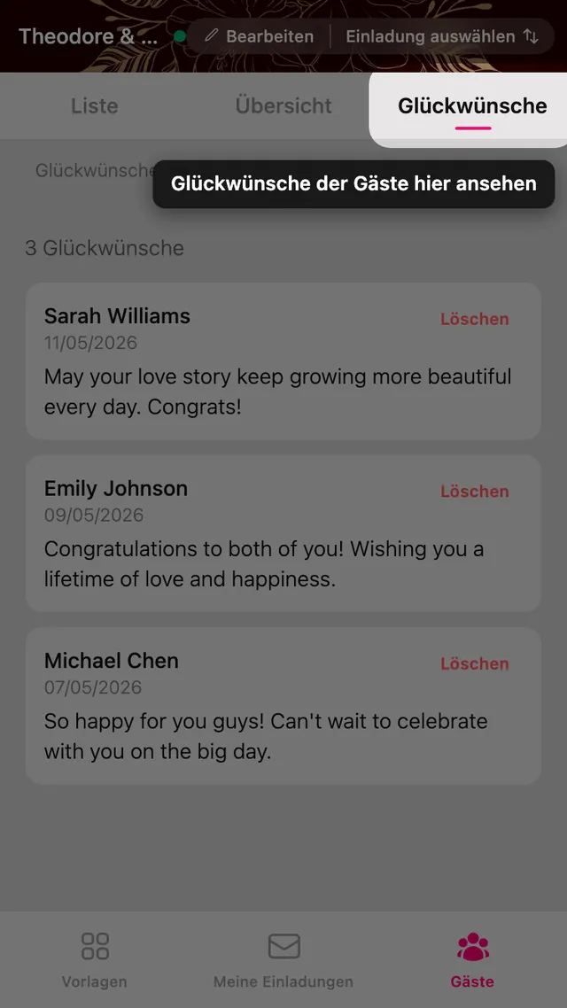 Der Tab Glückwünsche mit den Nachrichten der Gäste