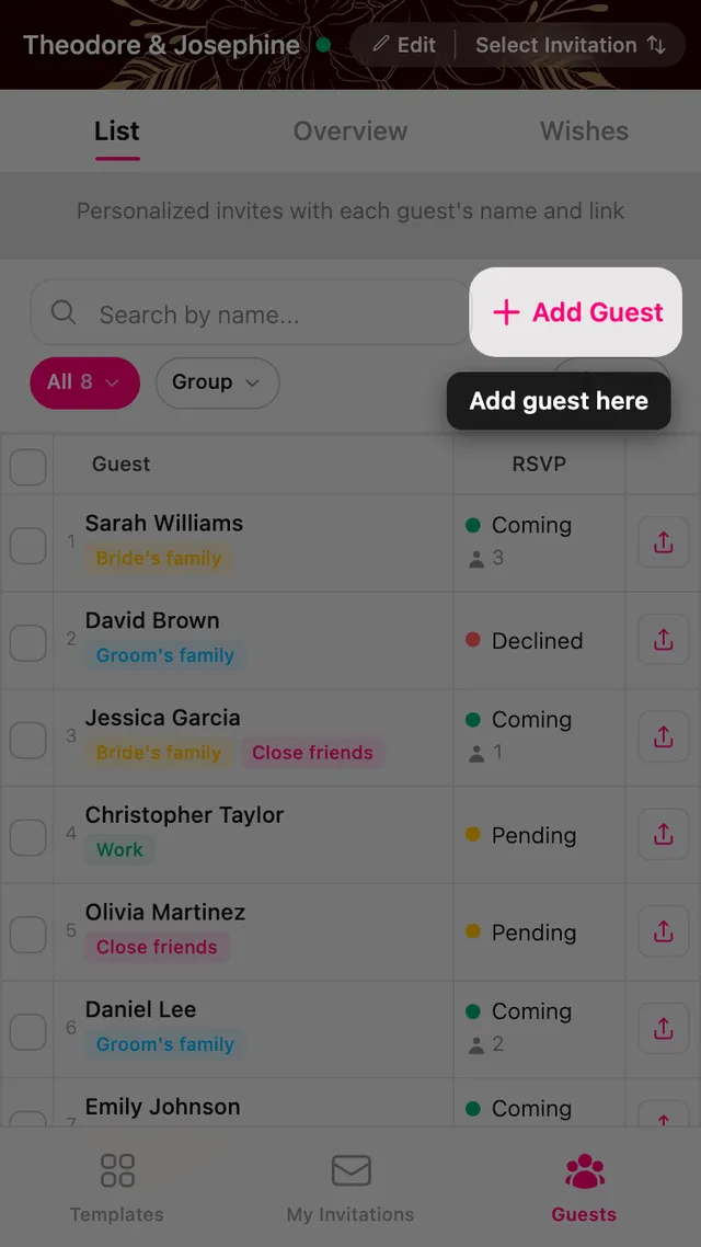 The Add Guest button at the top of the guest list