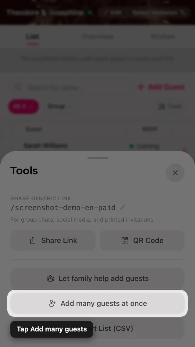 The Add many guests button inside the Tools sheet
