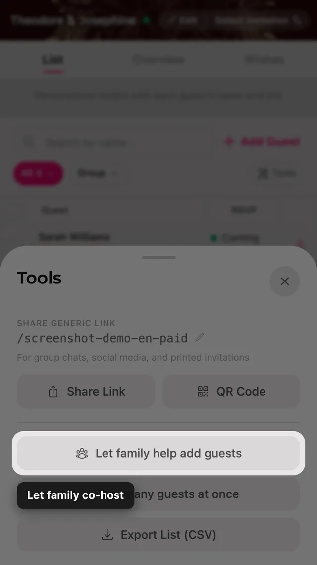The invite family to help button inside the Tools sheet