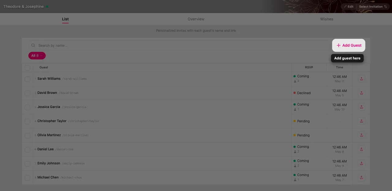 The Add Guest button at the top of the guest list