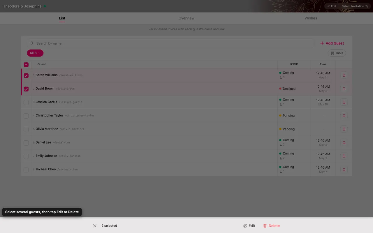 Two guest rows ticked, with the edit and delete bar at the bottom