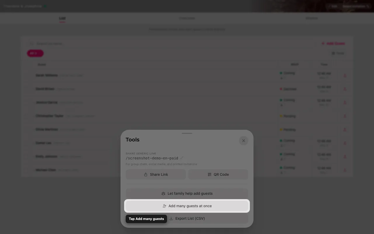 The Add many guests button inside the Tools sheet