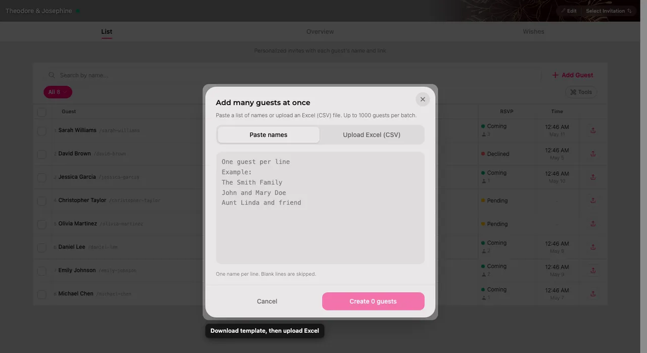 The bulk add panel, with a tab for pasting names and a tab for uploading a spreadsheet