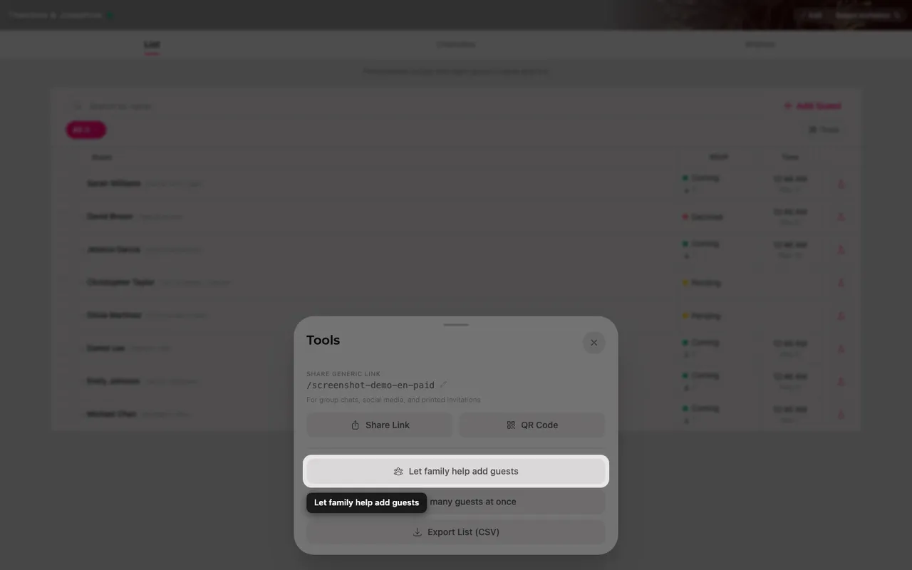 The invite family to help button inside the Tools sheet