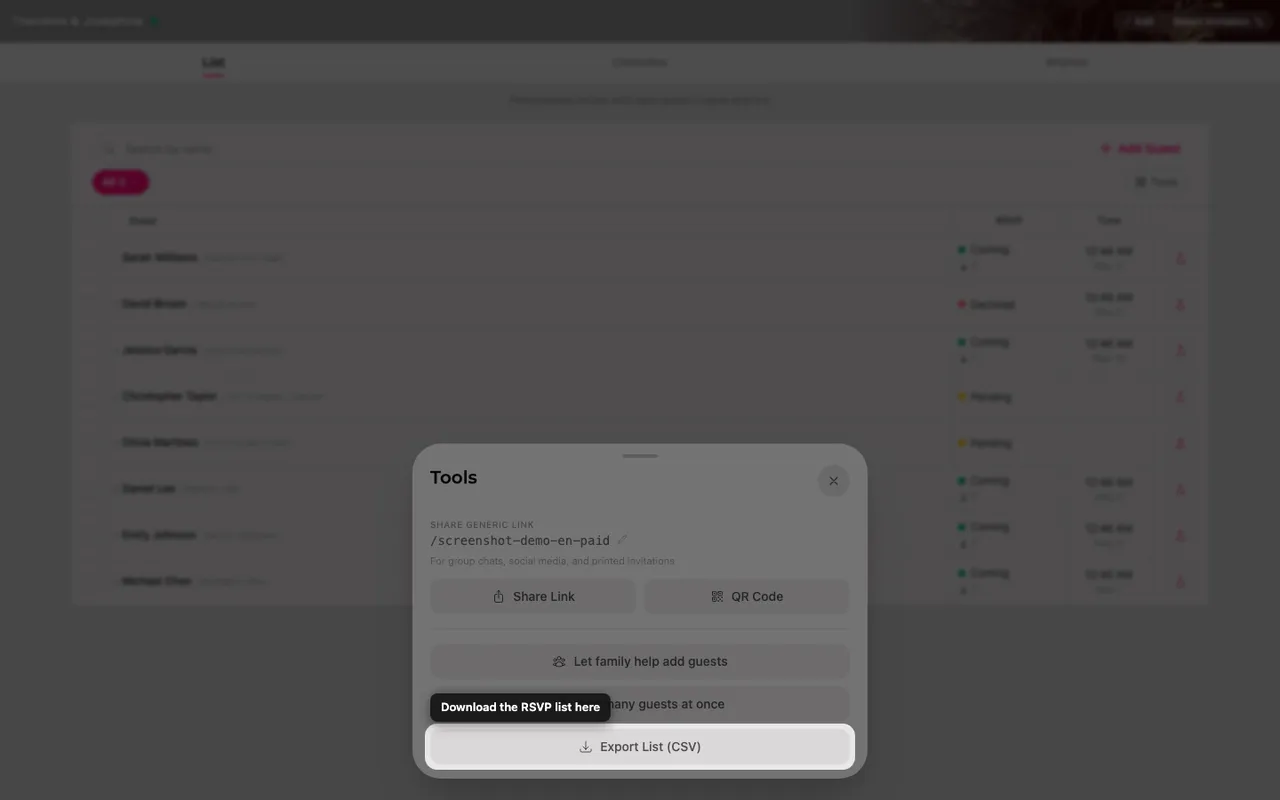 The export list button inside the Tools sheet