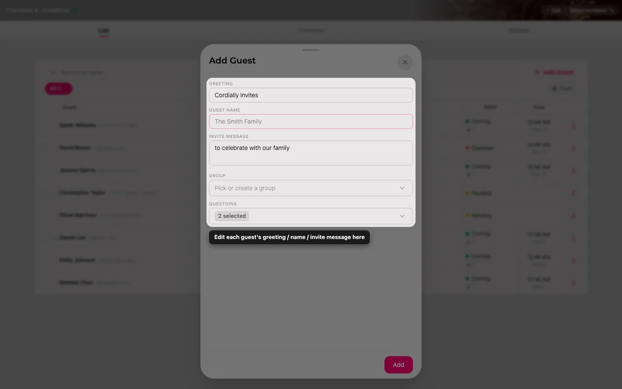 The guest form with the invite line, name, message, group and questions fields