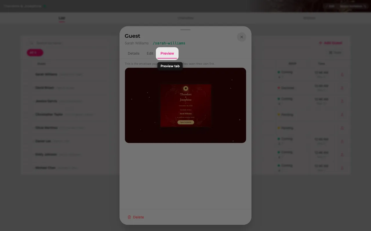 The preview tab of a guest sheet, showing the envelope with the guest's name