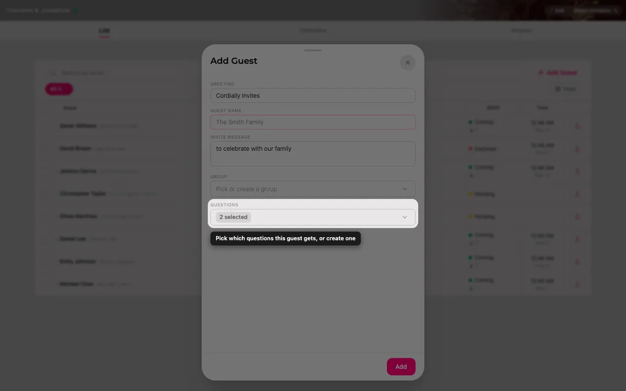 The questions field in the guest form, with a picker for RSVP questions