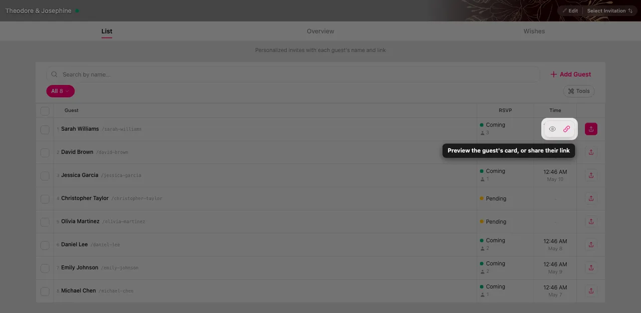 The preview and share actions on a guest row