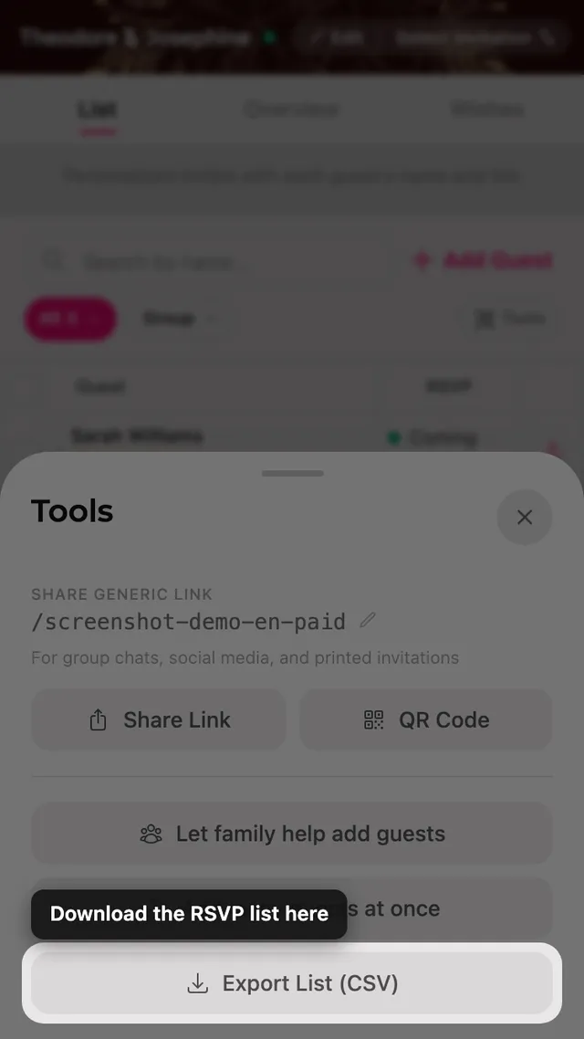 The export list button inside the Tools sheet