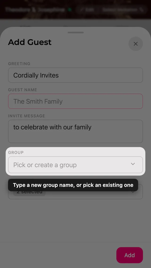 The group field in the guest form, with a picker for existing and new groups