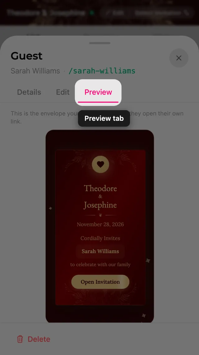 The preview tab of a guest sheet, showing the envelope with the guest's name
