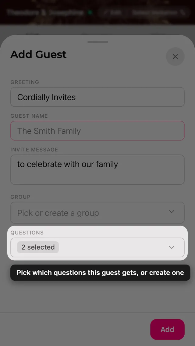 The questions field in the guest form, with a picker for RSVP questions