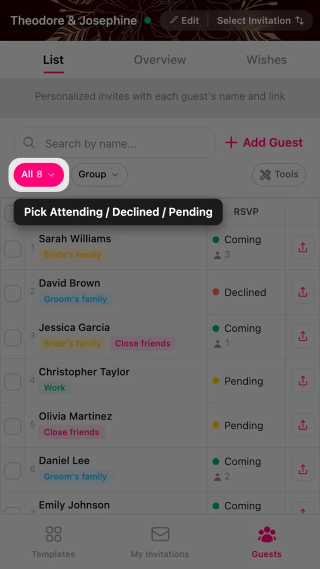 The RSVP filter pill above the guest list