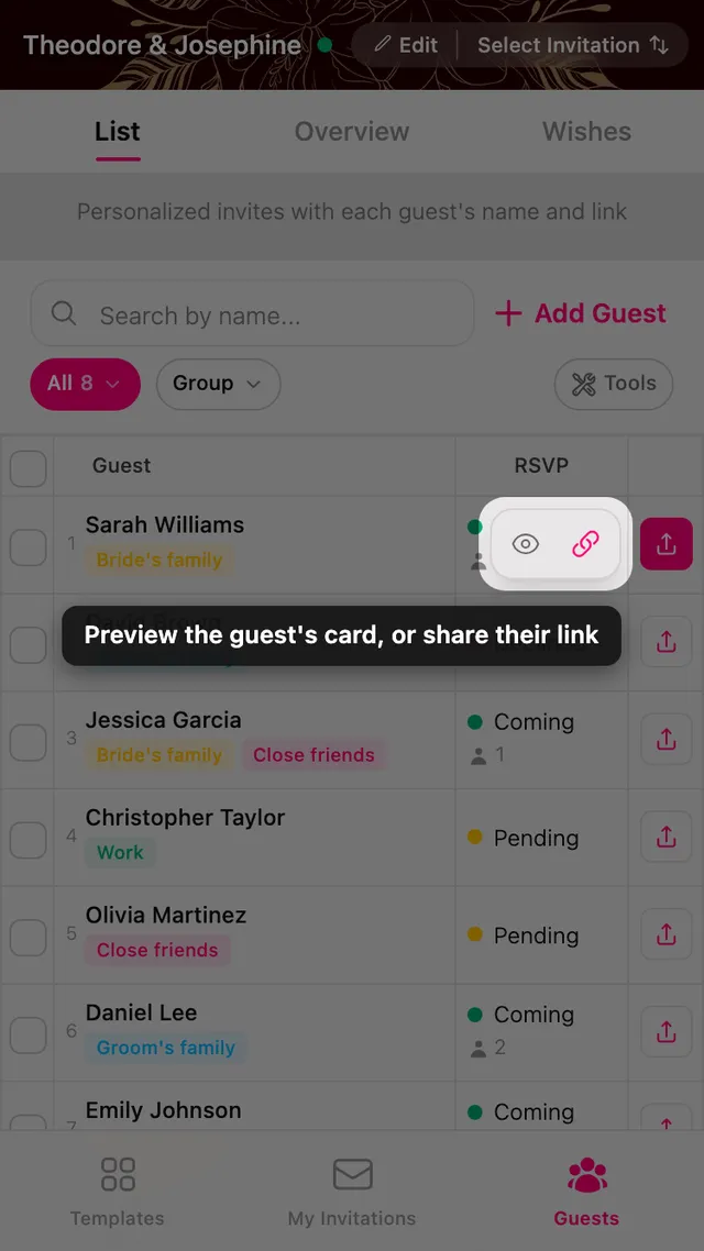 The preview and share actions on a guest row