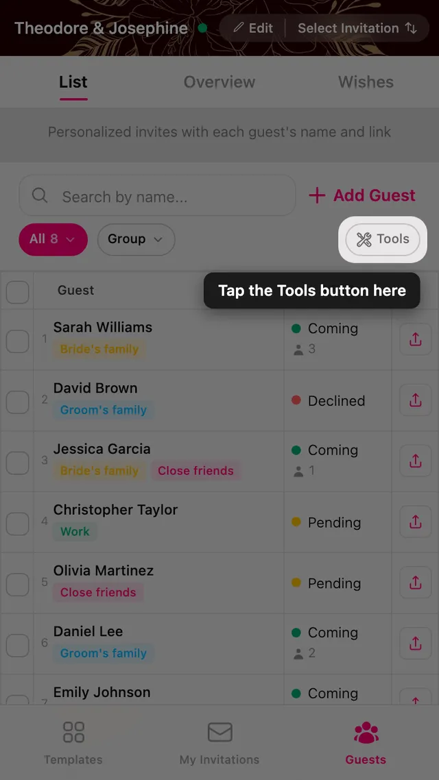 The Tools button at the end of the filter row in the guest manager