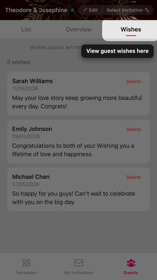 The Wishes tab, showing messages guests left on the card