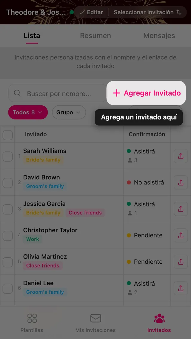 El botón Añadir invitado en la parte superior de la lista