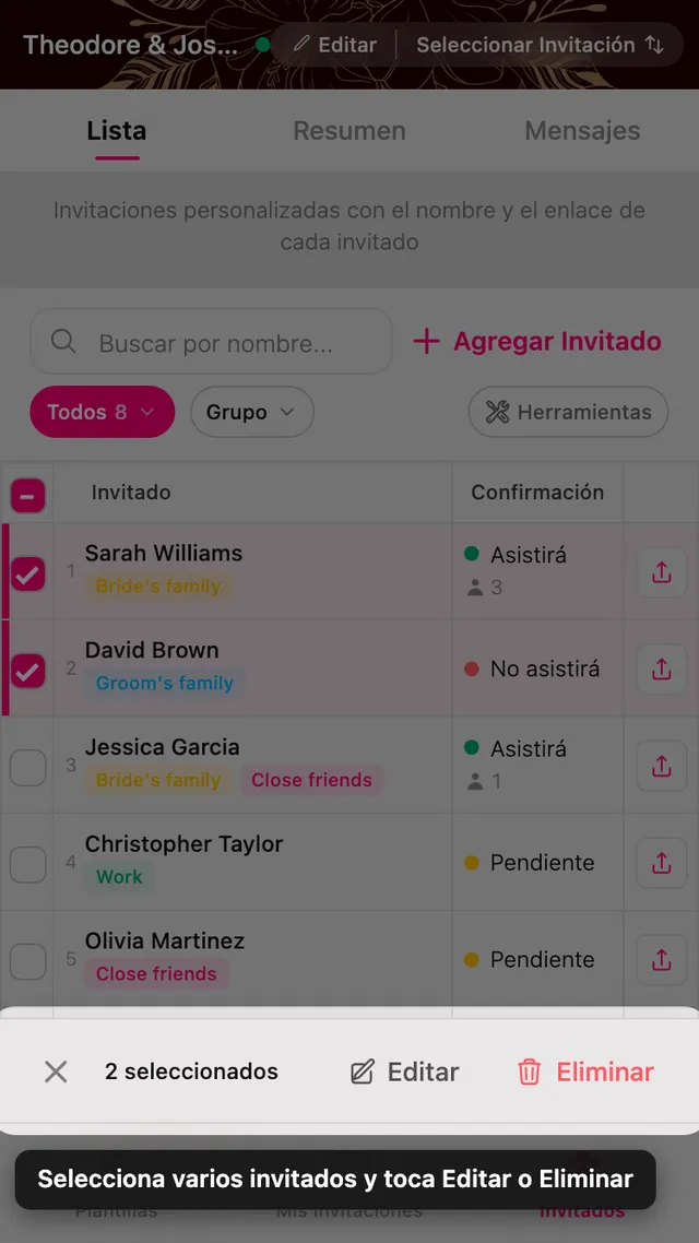 Dos filas de invitados marcadas, con la barra de editar y borrar abajo