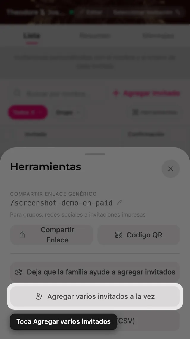 El botón Añadir muchos invitados dentro del panel Herramientas