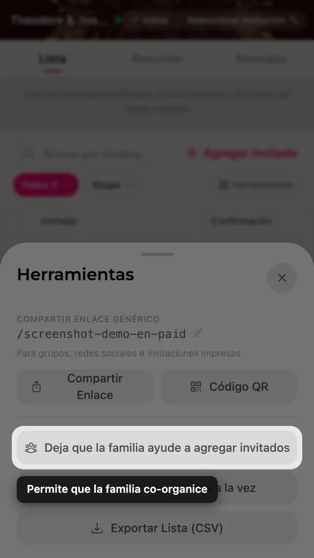 El botón invitar a la familia a ayudar dentro del panel Herramientas