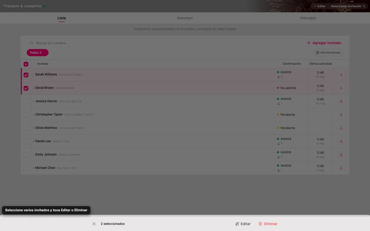 Dos filas de invitados marcadas, con la barra de editar y borrar abajo
