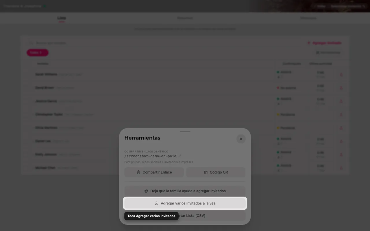 El botón Añadir muchos invitados dentro del panel Herramientas