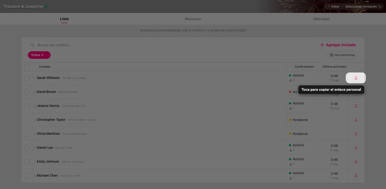 El botón de copiar al final de una fila de invitado