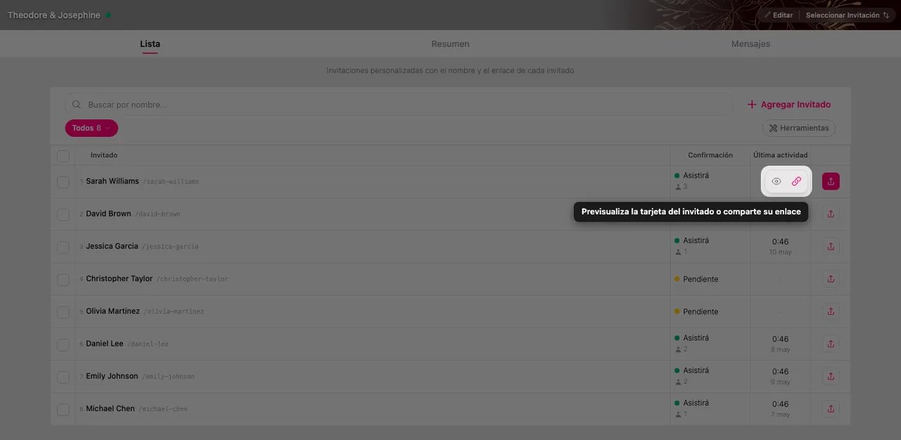 Las acciones de vista previa y compartir en una fila de invitado
